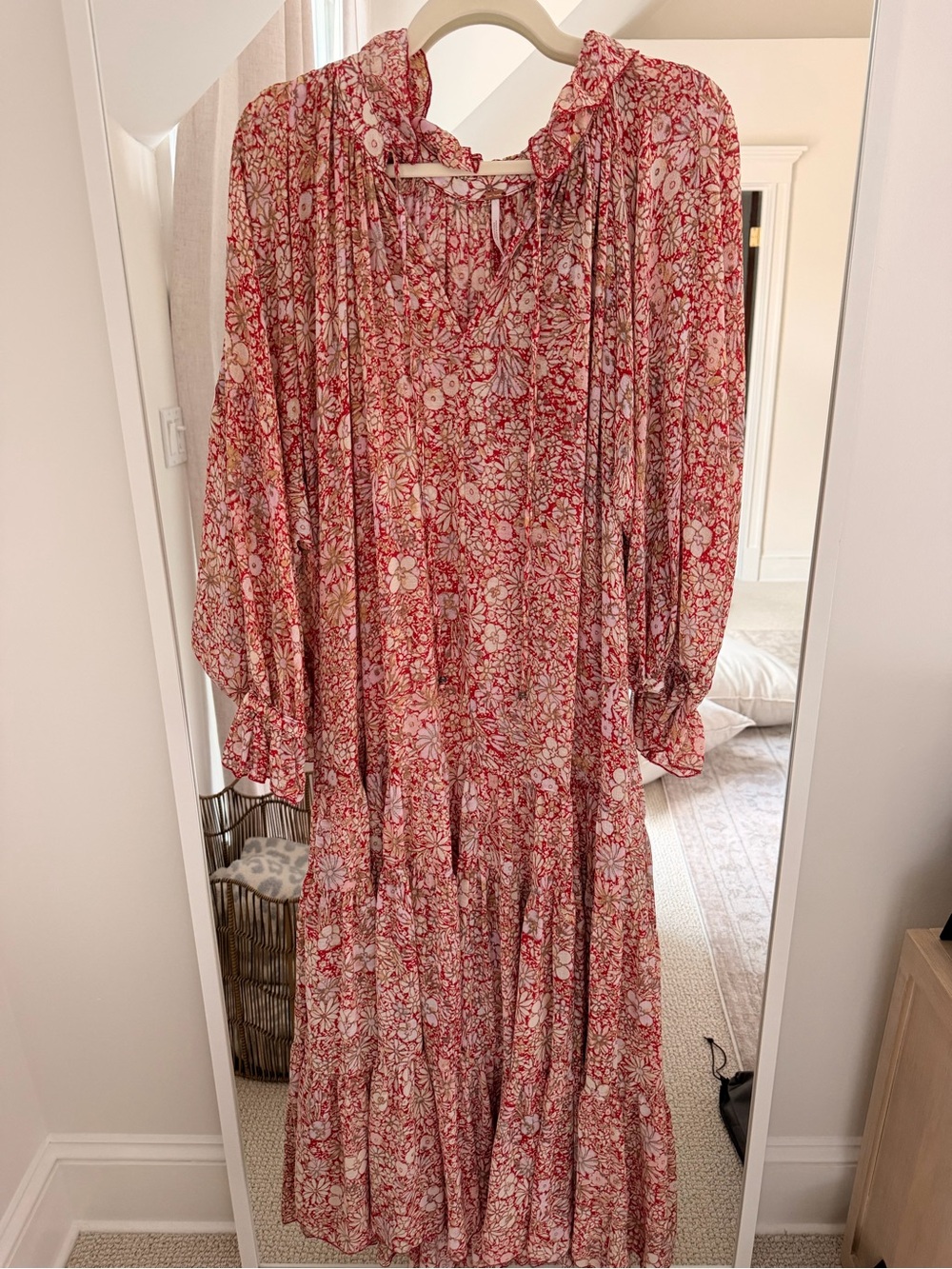 Free People Floral Ruffle Maxi Dress | Red Pink Boho Long Sleeve | Size M